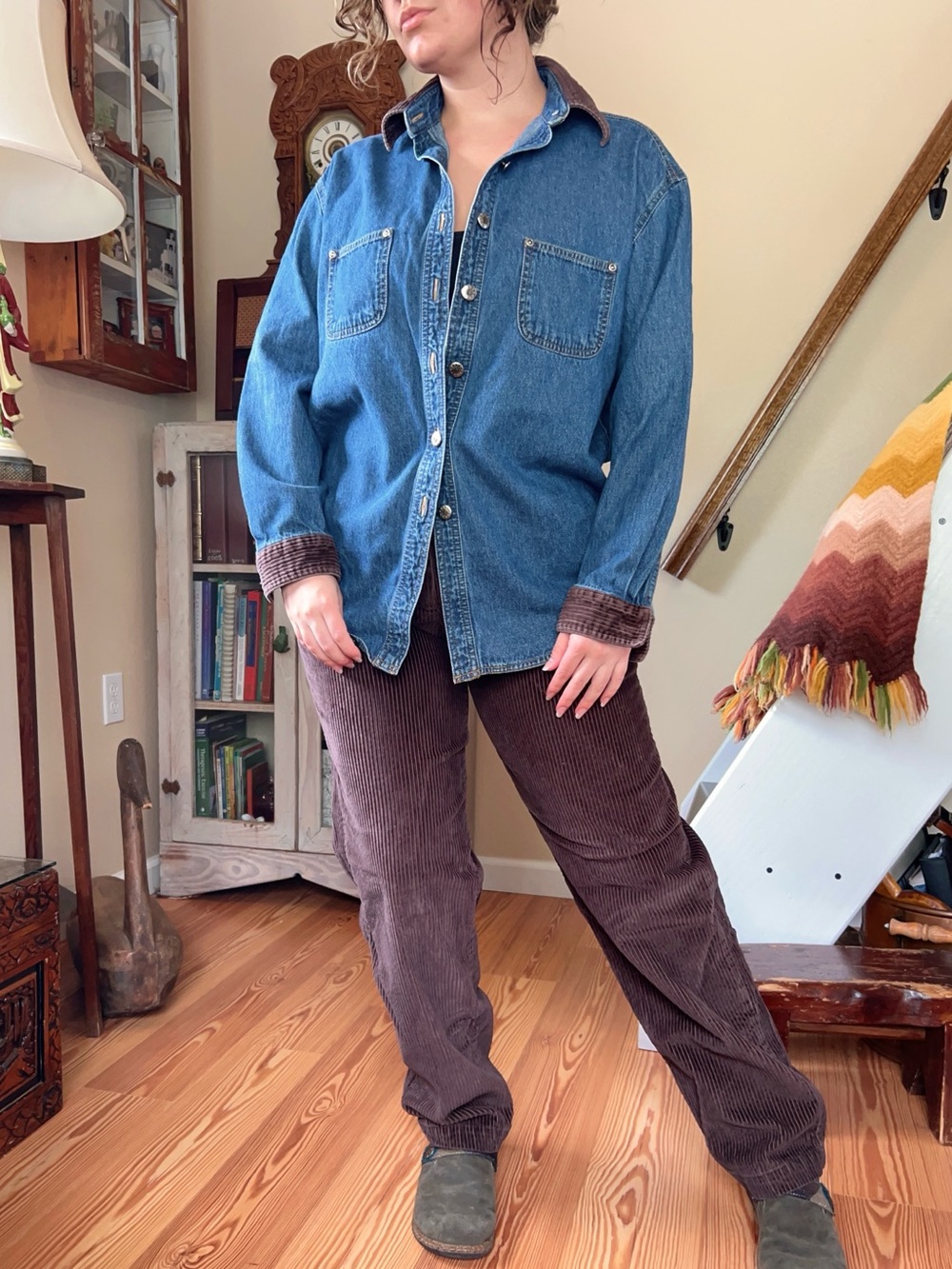 Vintage 90s Carolina Blues Denim Button up Shirt & Brown Corduroy Pants Set 8